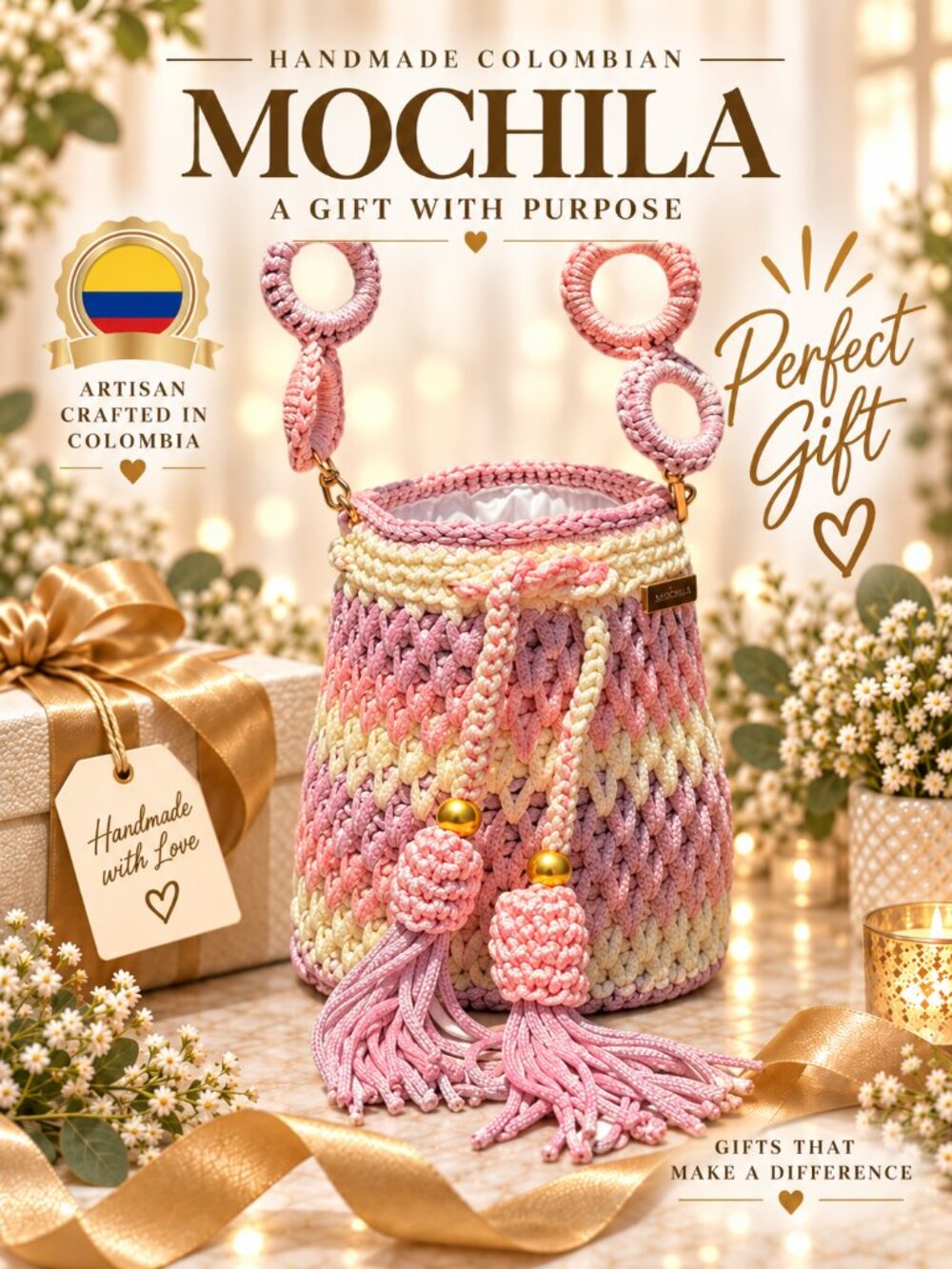 Colombian Handwoven Mini Bucket Purse Blush Pink Boho Crossbody Unique Gift